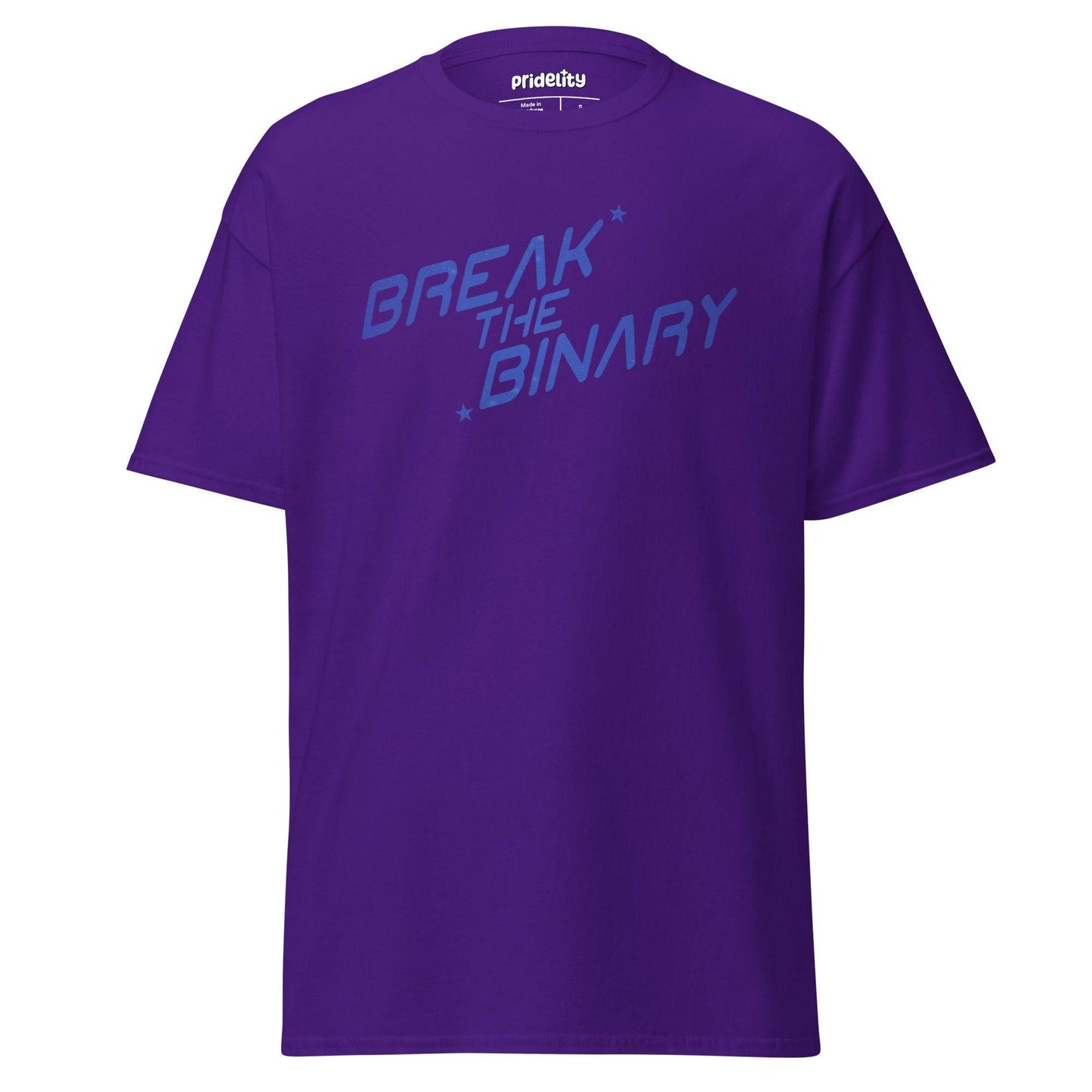 The Break The Binary T-Shirt by Pridelity, part of our Pride Collection, showcases the phrase "BREAK THE BINARY" prominently in light blue, bold, slanted text across the front of a white T-shirt. The straightforward design highlights a message of pride and inclusivity.