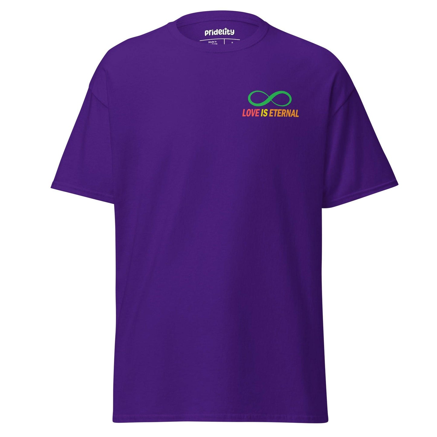 The Love Is Eternal T-Shirt by Pridelity features a colorful infinity symbol and the phrase "Love is Eternal" on the chest, all set against a black background. This pride shirt celebrates timeless love and unity.
