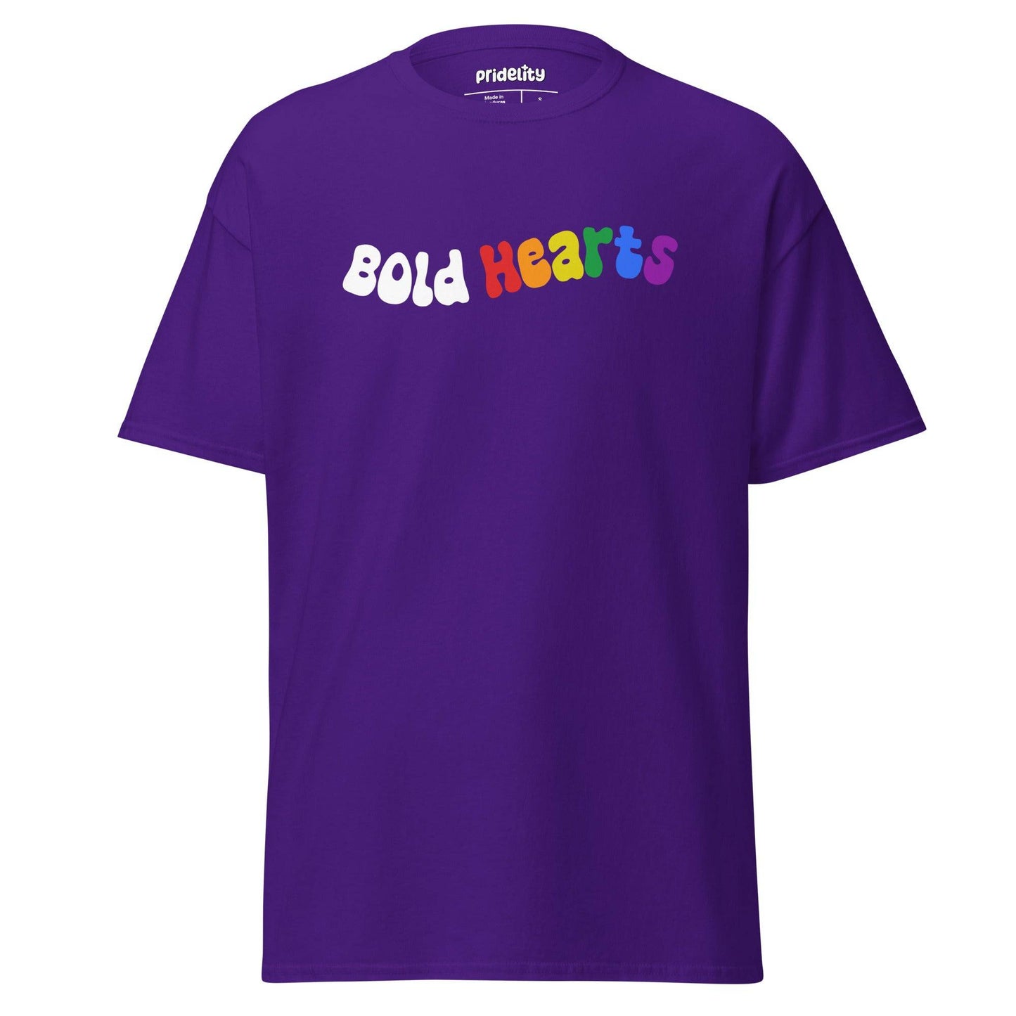 Introducing the "Bold Hearts T-Shirt" by Pridelity: a vibrant black t-shirt from our Pride Collection, showcasing the playful text "Bold Hearts." Each letter explodes with a unique color—white, red, orange, yellow, green, and purple—celebrating individuality and love.