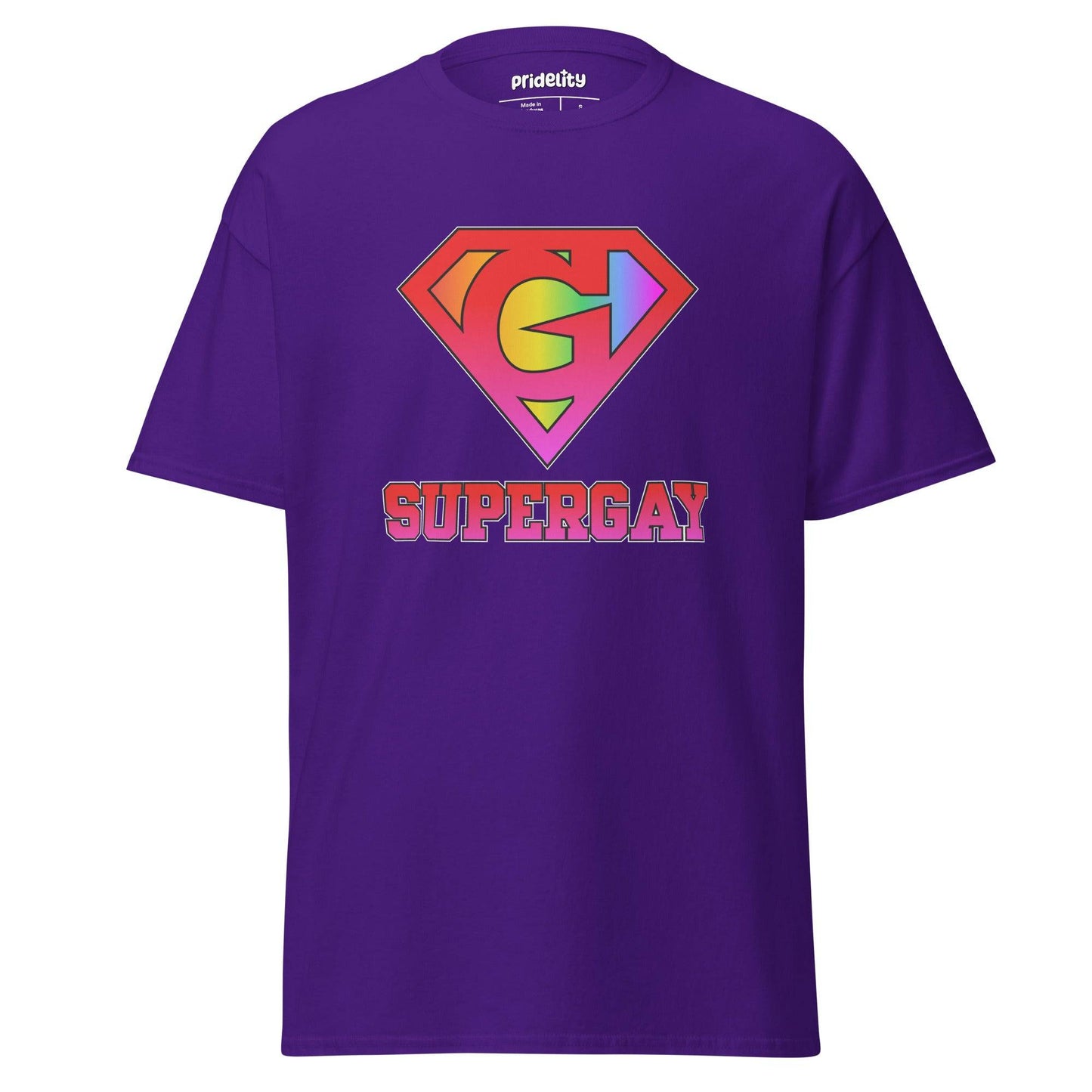 Pridelity's SuperGay T-Shirt in red showcases a rainbow-colored "S" symbol with arrows, reminiscent of the Superman logo, and prominently displays the word "SUPERGAY" underneath in large, bold letters.