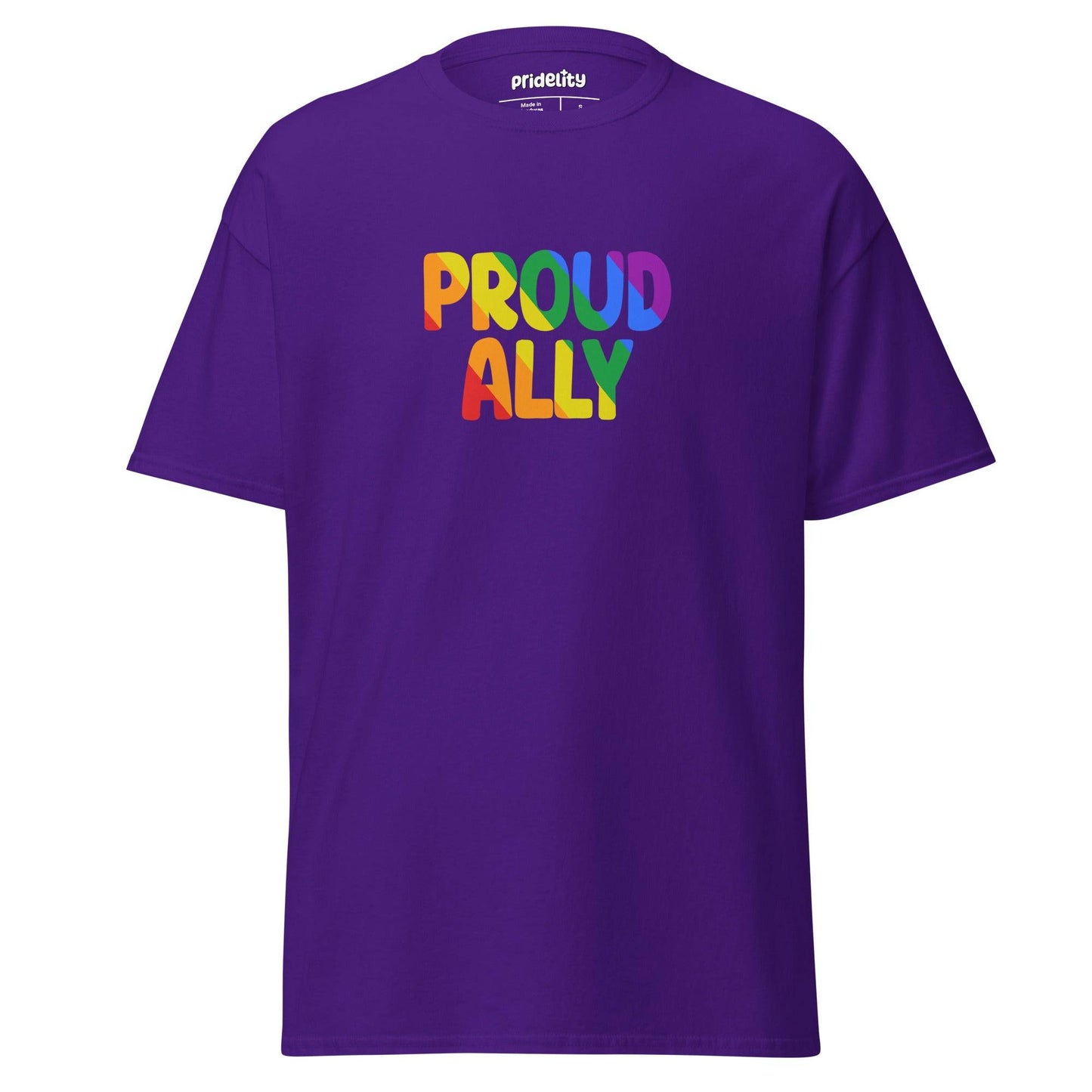 A black Proud Ally T-Shirt from Pridelity, showcasing "Proud Ally" in bold, rainbow-colored letters across the chest.
