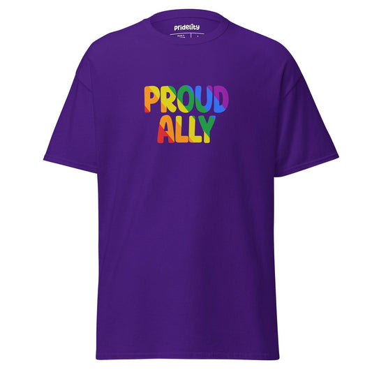 A black Proud Ally T-Shirt from Pridelity, showcasing "Proud Ally" in bold, rainbow-colored letters across the chest.