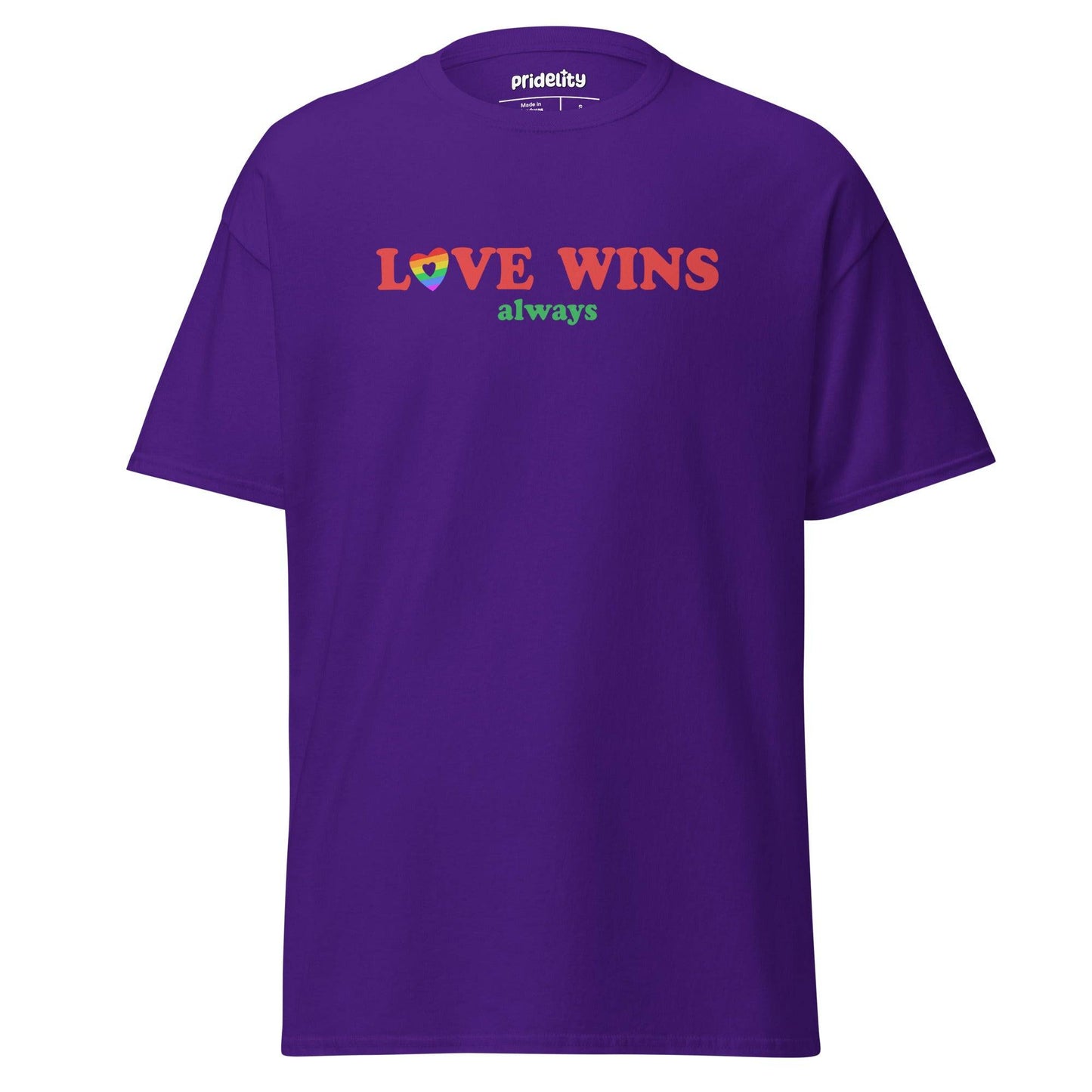Introducing the Pridelity "Love Wins, Always" T-Shirt in beige, showcasing the phrase "LOVE WINS always" on the front. The design features the word "LOVE" emphasized in red, with a heart in rainbow colors replacing the letter "O.