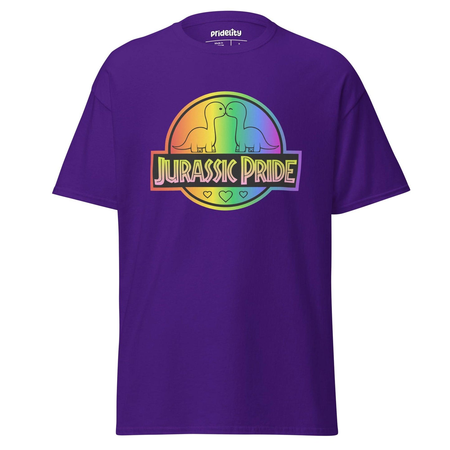 Introducing the Pridelity Jurassic Pride T-Shirt, a vibrant red shirt featuring a rainbow logo with two dinosaurs and the phrase "Jurassic Pride" adorned above three small heart icons.