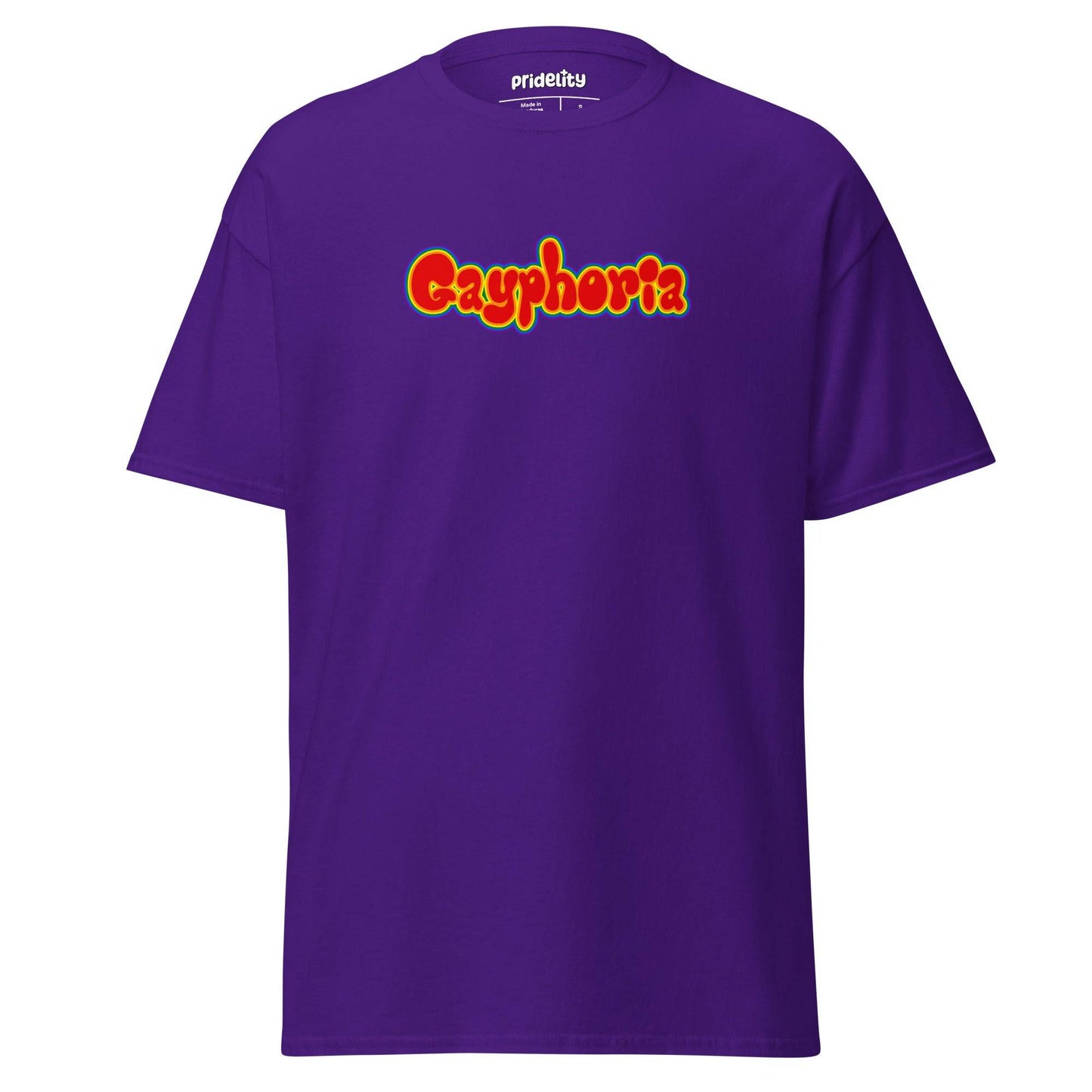 Introducing our Gayphoria T-Shirt from Pridelity, featuring "Gayphoria" in vibrant, bold letters on a red canvas, as part of our exclusive pride collections.