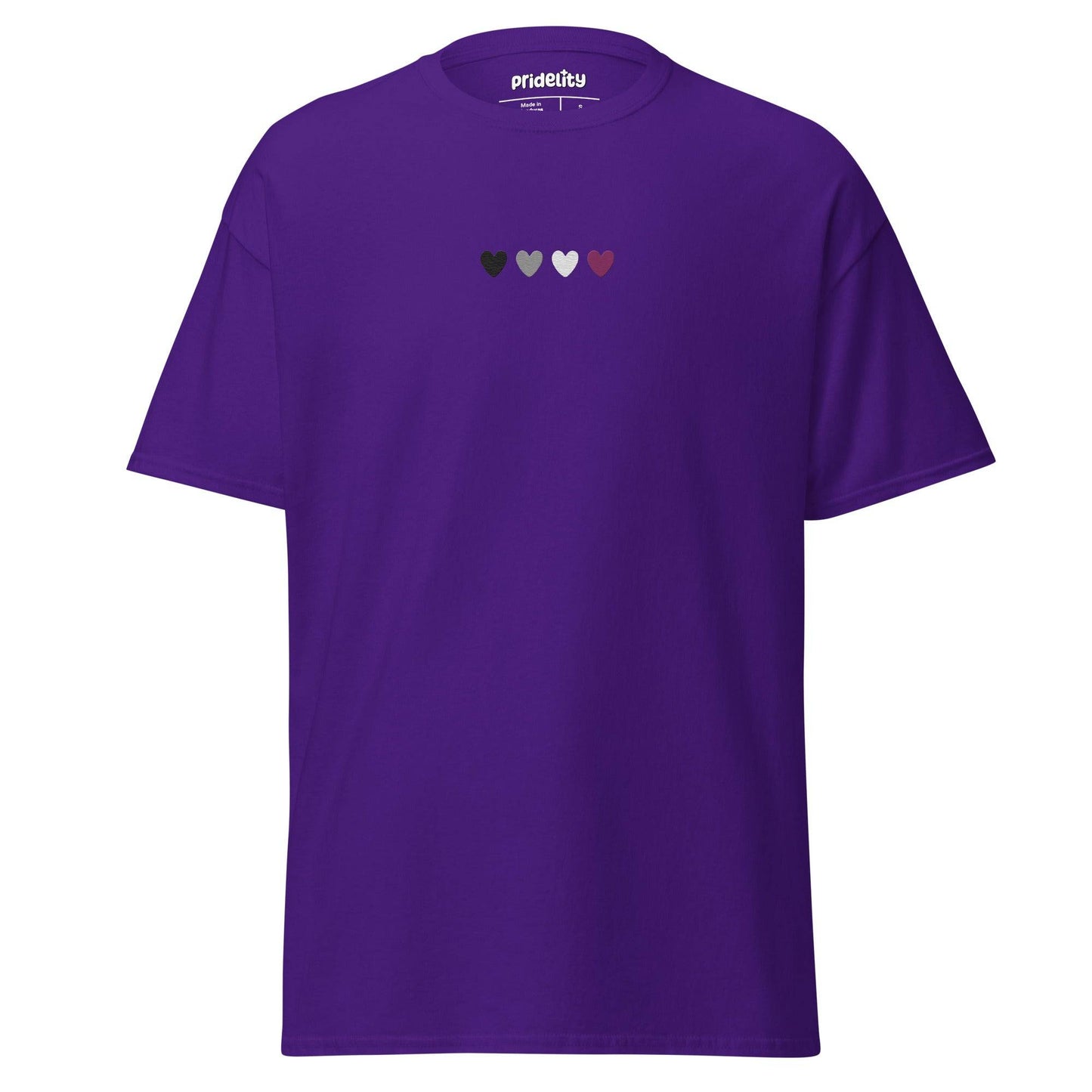The Asexual Love T-Shirt by Pridelity is a maroon t-shirt adorned with five small hearts across the chest in shades of green, gray, and purple. It is perfect for any Pride Collection, with "Pridelity" elegantly printed inside the collar area to celebrate love and diversity.