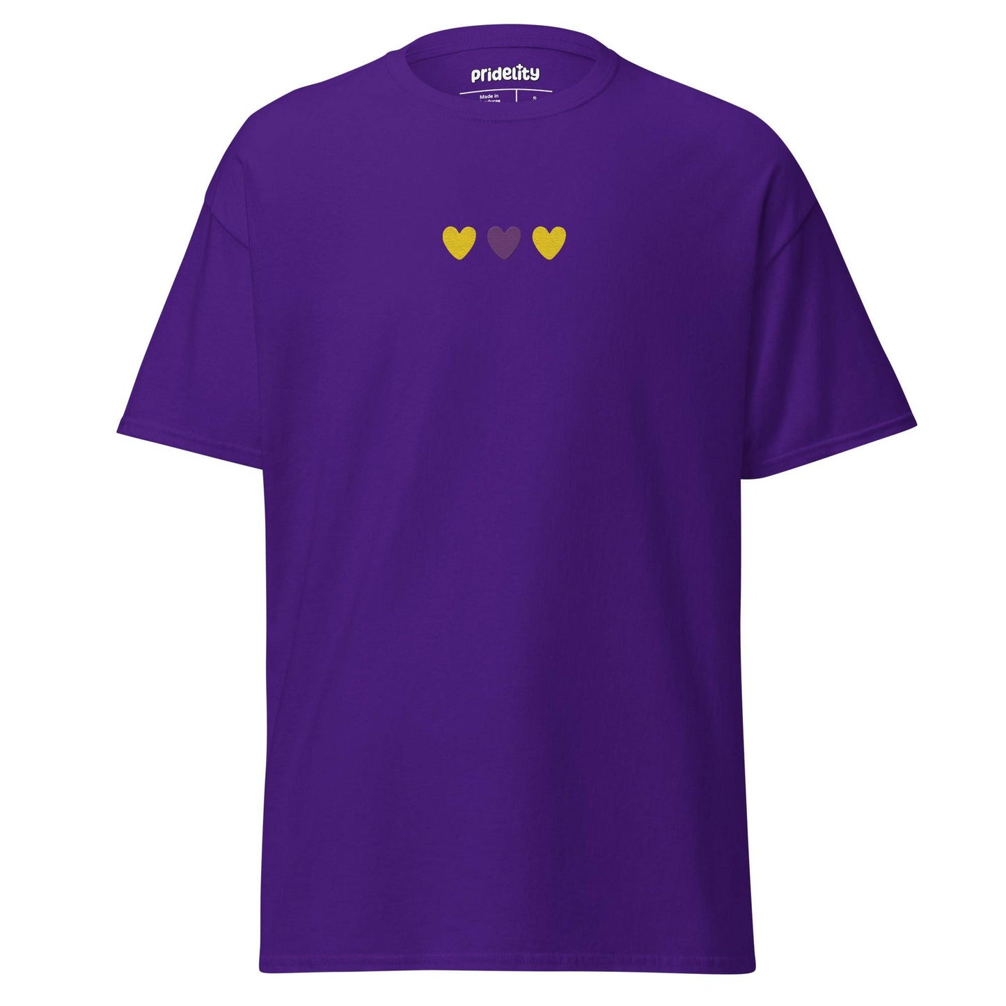 Introducing the Intersex Love T-Shirt by Pridelity, featuring three gracefully aligned small hearts in yellow, purple, and black across the chest.