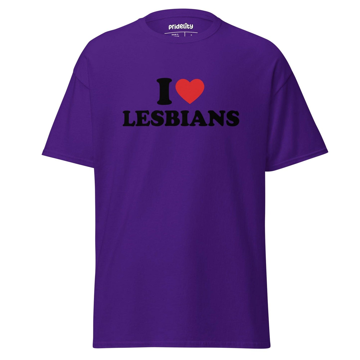 The "I Love Lesbians T-Shirt" by Pridelity is a pink pride shirt showcasing bold text saying "I ♥ LESBIANS" on the front, highlighted with a vibrant red heart symbol.