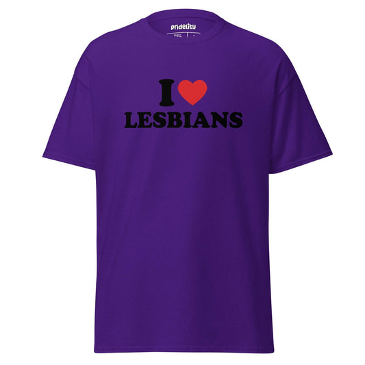 The "I Love Lesbians T-Shirt" by Pridelity is a pink pride shirt showcasing bold text saying "I ♥ LESBIANS" on the front, highlighted with a vibrant red heart symbol.