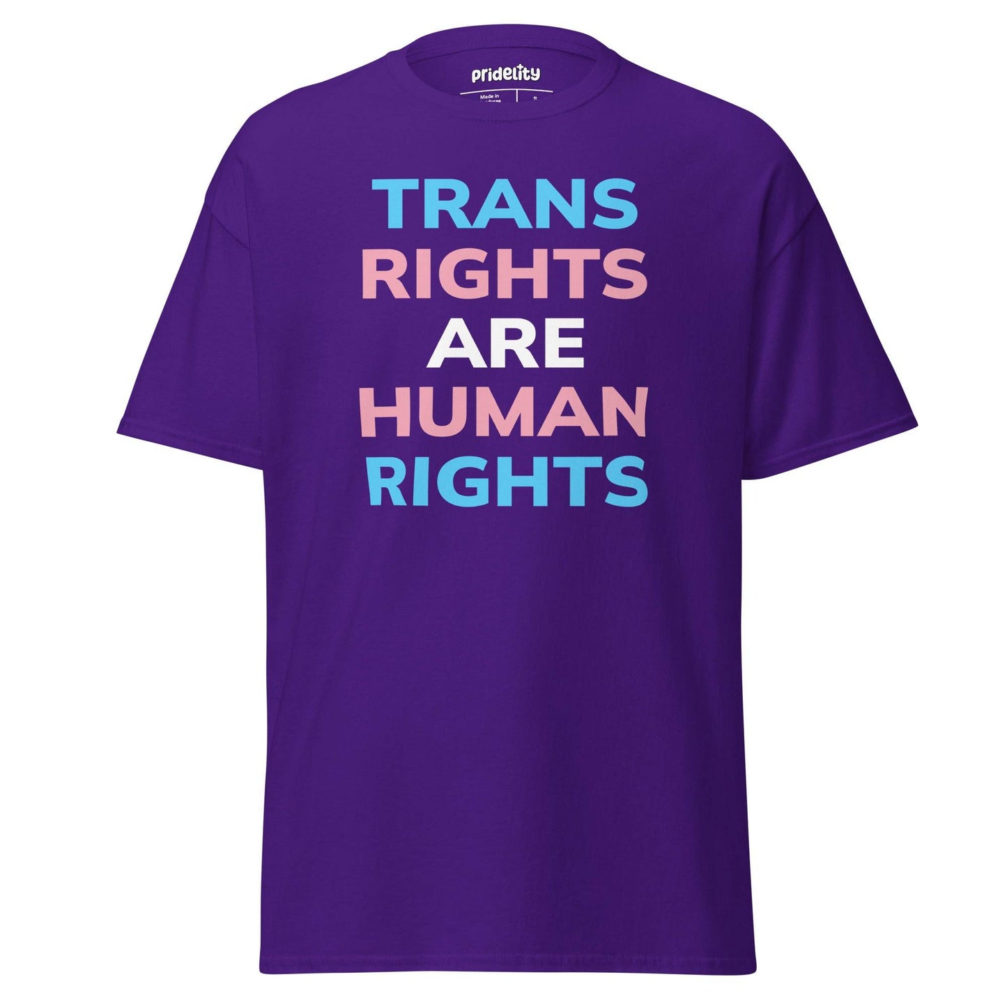 A Pridelity Trans Rights T-Shirt in black, featuring the phrase "Trans Rights Are Human Rights" in bold letters adorned with light blue, pink, and white colors.
