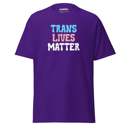 A black "Trans Lives Matter" T-shirt by Pridelity, featuring the message printed in blue, pink, and white to represent the colors of the transgender pride flag.