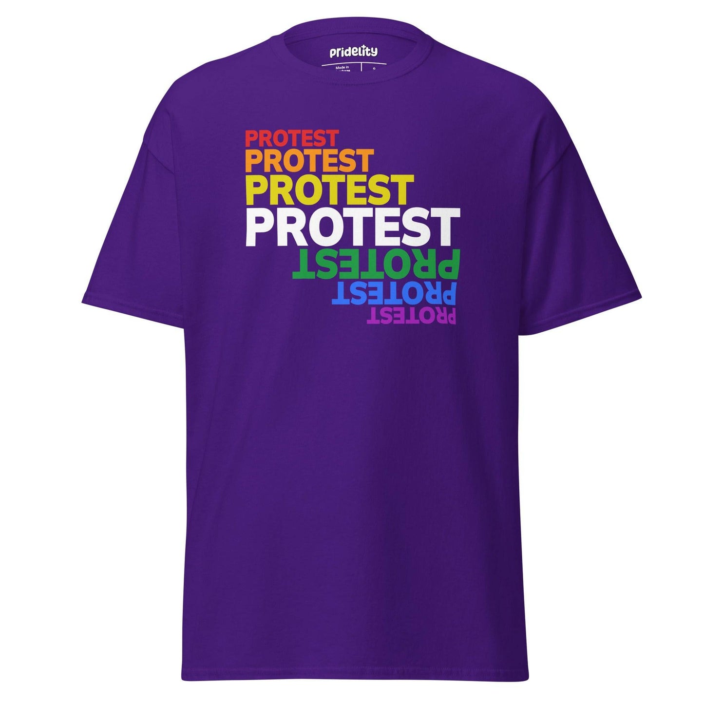 A black Protest T-Shirt from Pridelity features the word "PROTEST" printed in bold capital letters multiple times, each in a unique color, forming a vibrant rainbow pattern across the shirt.