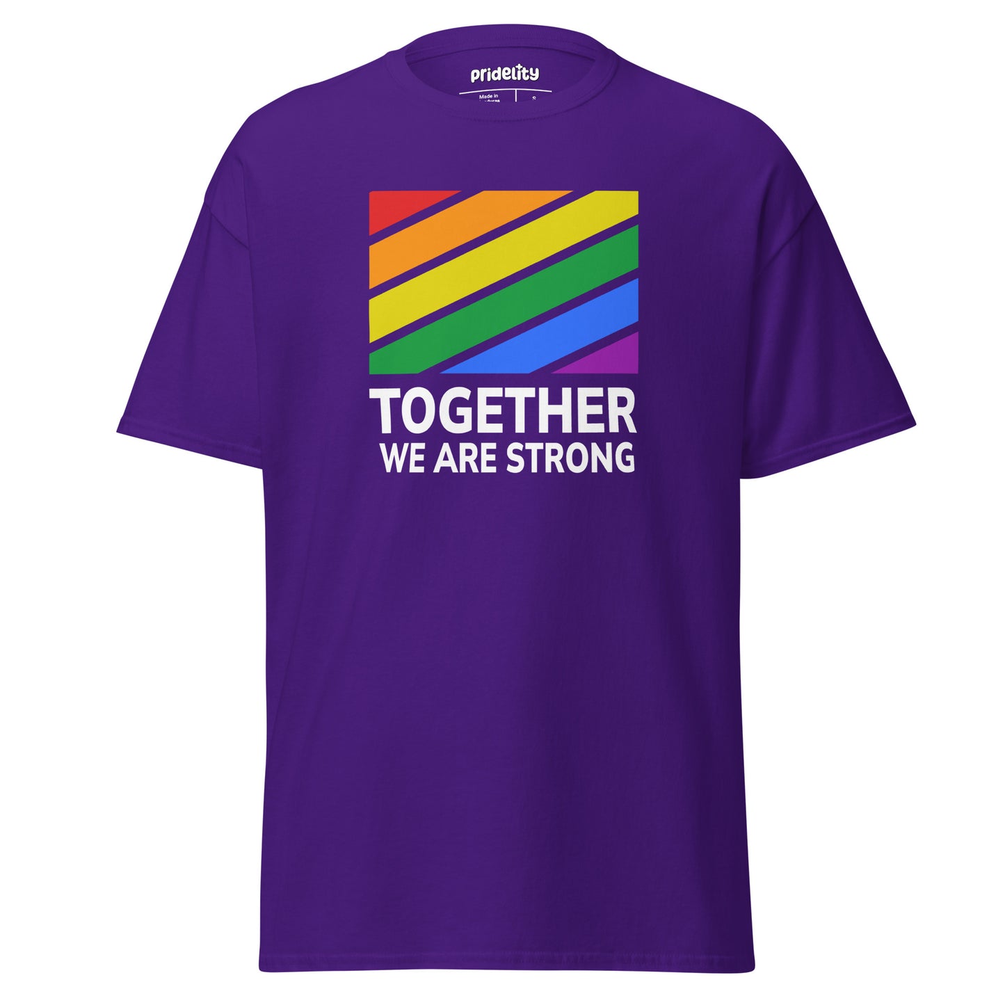 Purple Together T-Shirt showcasing rainbow stripes and 'Together We Are Strong' design, unisex fit with non-toxic ink print.