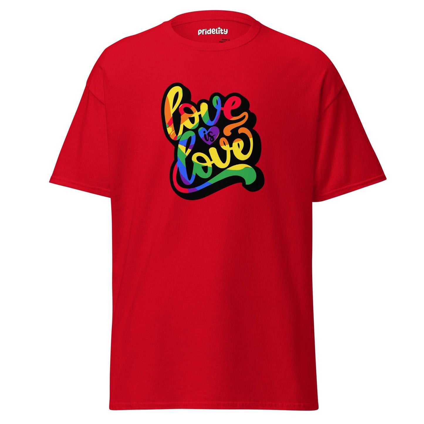 The Love Is Love T-Shirt by Pridelity is a royal blue shirt adorned with the vibrant, multicolored phrase "love is love" in a cursive style. The design shines with bold rainbow hues, and the inside collar proudly displays the Pridelity brand name.