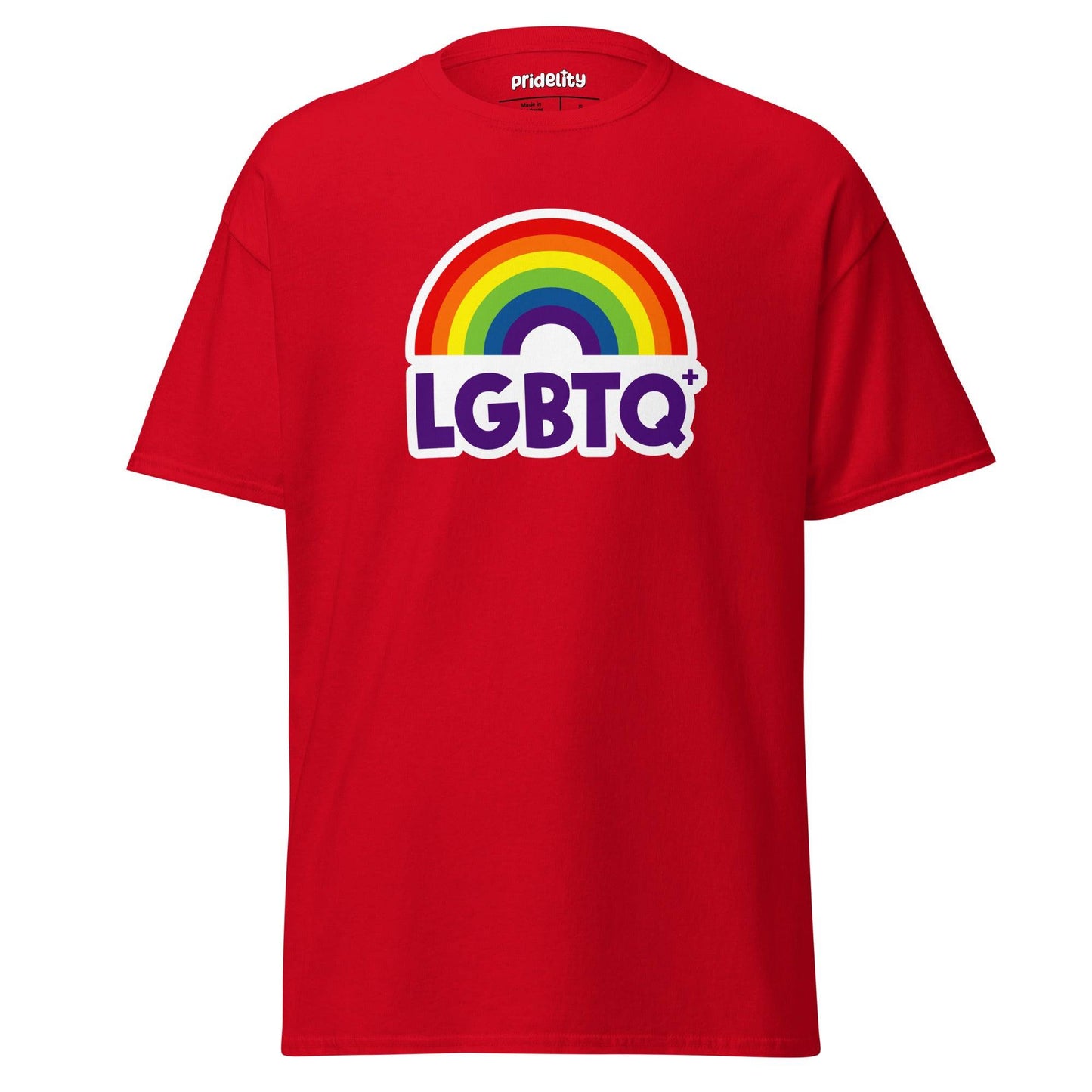 Introducing the Pridelity LGBTQ+ Rainbow T-Shirt: a black shirt adorned with a vibrant rainbow arching over bold, colorful "LGBTQ+" lettering.