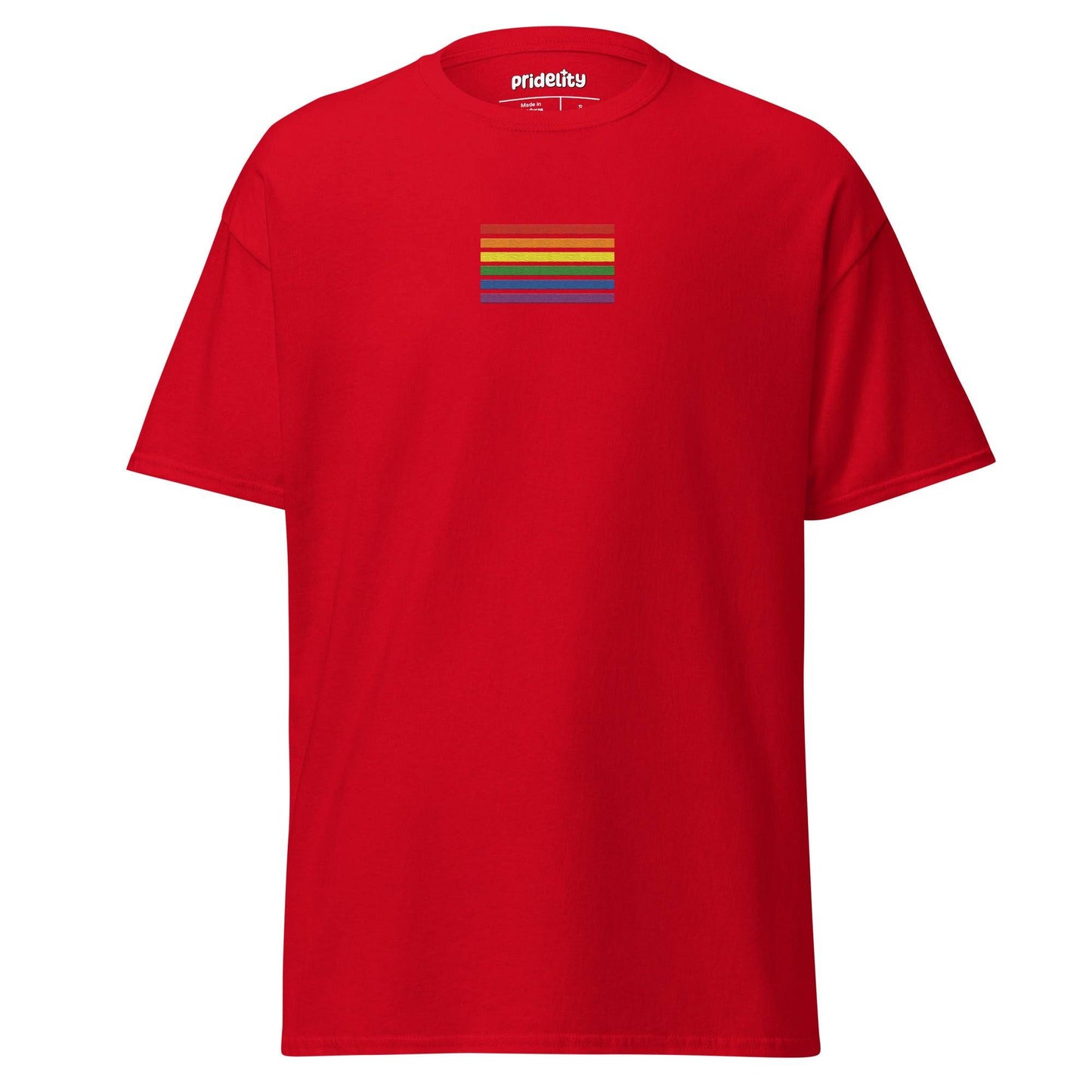 The Rainbow Stripes T-Shirt from Pridelity is black with a small rainbow stripe pattern on the chest, featuring horizontal stripes in red, orange, yellow, green, blue, and purple. The brand name "Pridelity" is printed on the inside label at the neck.