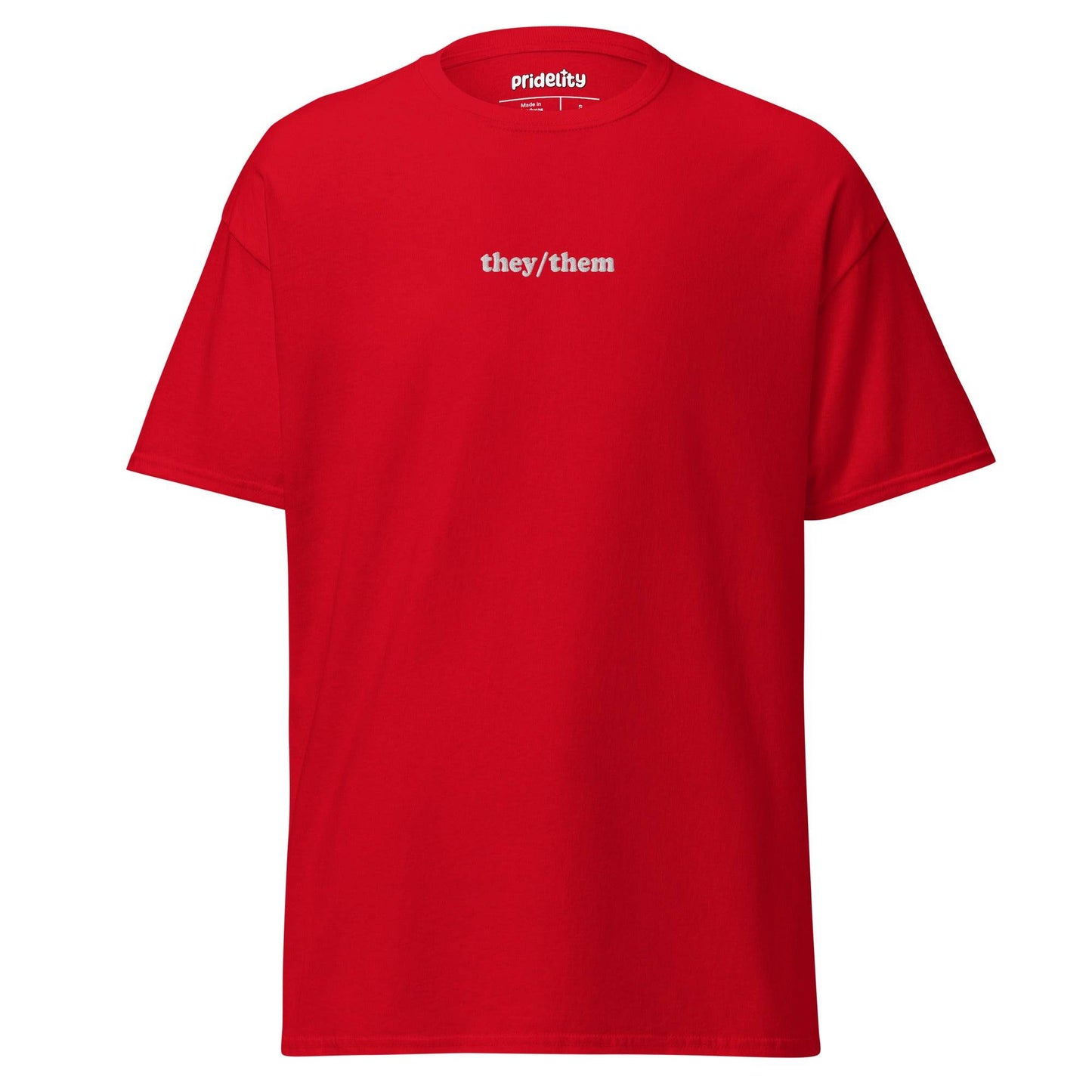 Pridelity's They/Them T-Shirt is a black pride shirt with "they/them" printed prominently in crisp white lowercase letters at the center.