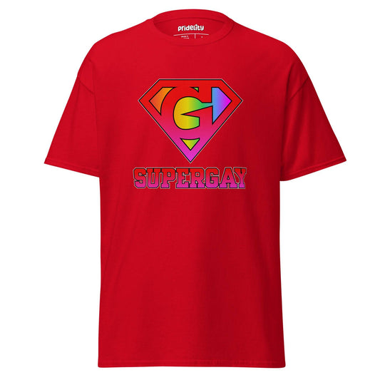 Pridelity's SuperGay T-Shirt in red showcases a rainbow-colored "S" symbol with arrows, reminiscent of the Superman logo, and prominently displays the word "SUPERGAY" underneath in large, bold letters.