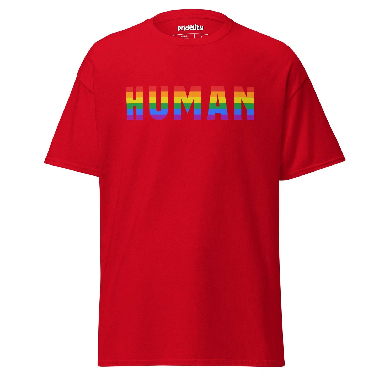 Introducing the Human T-Shirt by Pridelity: a stylish black tee featuring the word "HUMAN" in bold, uppercase letters filled with a vibrant rainbow gradient. This pride shirt embodies diversity and inclusion, celebrating unity and acceptance with flair.