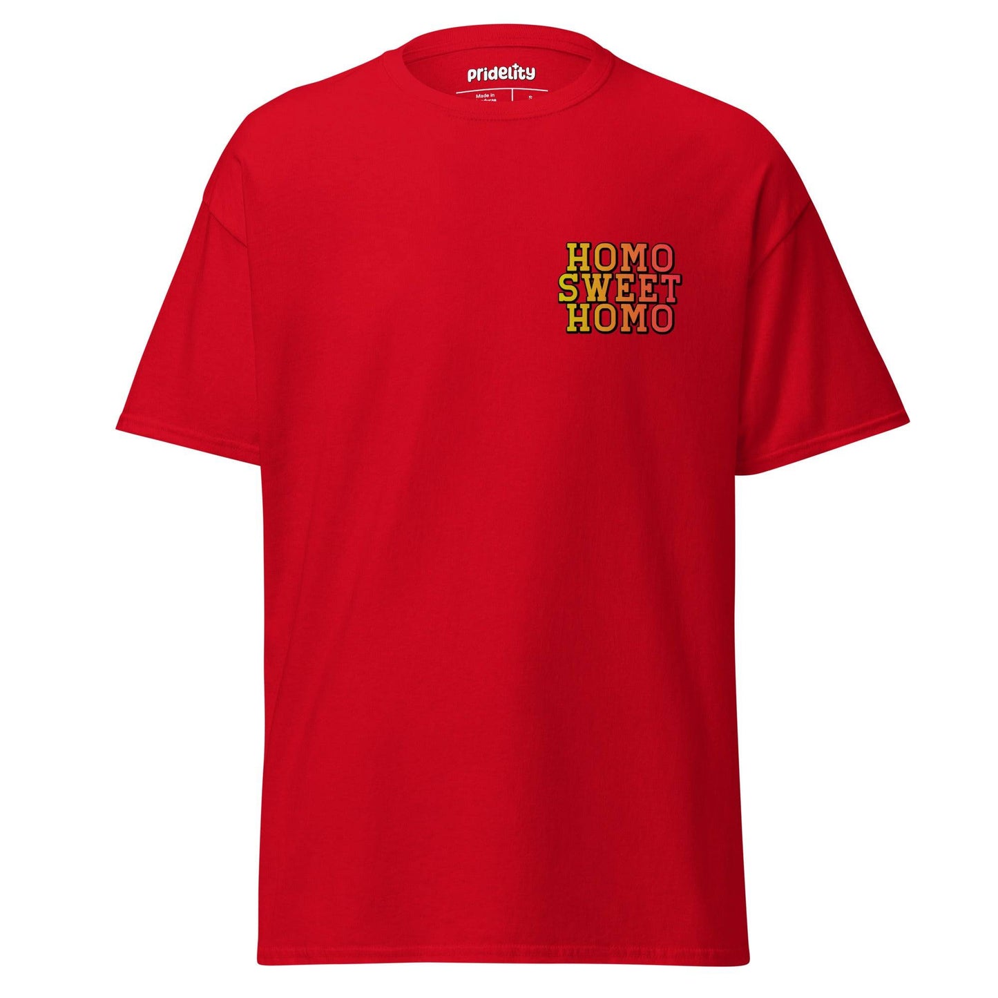 Radiant orange Homo Sweet Homo T-shirt by Pridelity, showcasing the vibrant multicolored "HOMO SWEET HOMO" text across the chest, ideal for celebrating pride collections.
