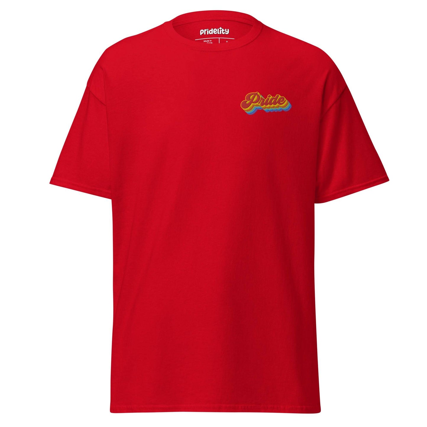 A Pride T-Shirt in vibrant red showcases a small, colorful "Pride" logo on the chest, with the brand name "Pridelity" elegantly displayed on the inside label at the neck.