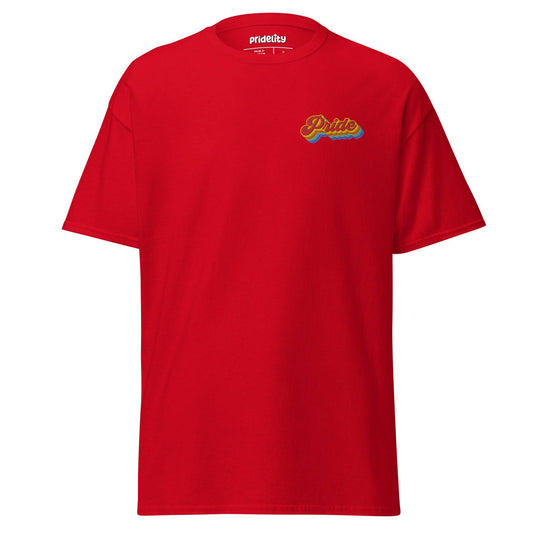 A Pride T-Shirt in vibrant red showcases a small, colorful "Pride" logo on the chest, with the brand name "Pridelity" elegantly displayed on the inside label at the neck.