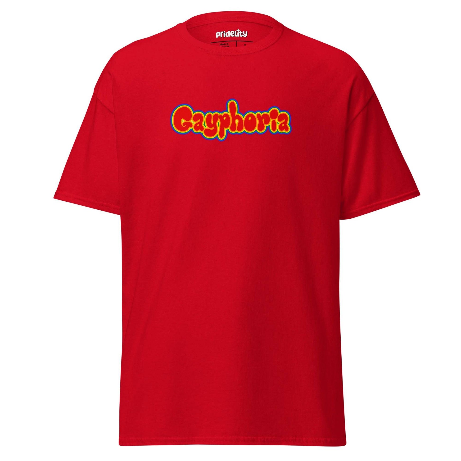 Introducing our Gayphoria T-Shirt from Pridelity, featuring "Gayphoria" in vibrant, bold letters on a red canvas, as part of our exclusive pride collections.