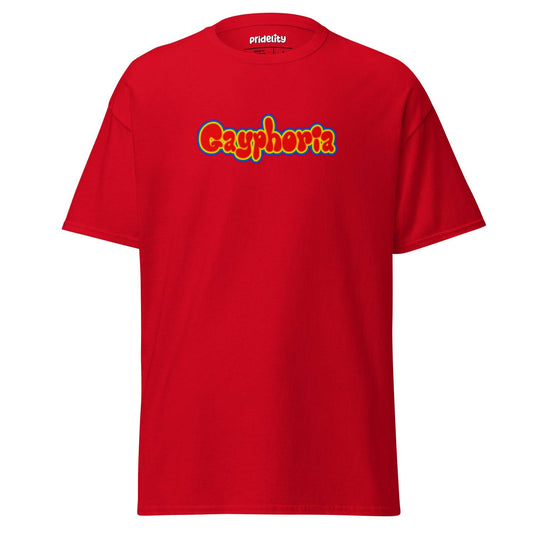 Introducing our Gayphoria T-Shirt from Pridelity, featuring "Gayphoria" in vibrant, bold letters on a red canvas, as part of our exclusive pride collections.