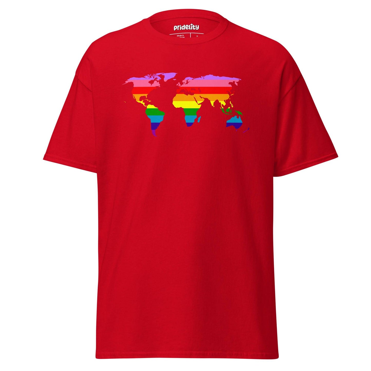 The World Pride T-Shirt by Pridelity features a striking world map design in rainbow colors across the chest, set on a light blue background.