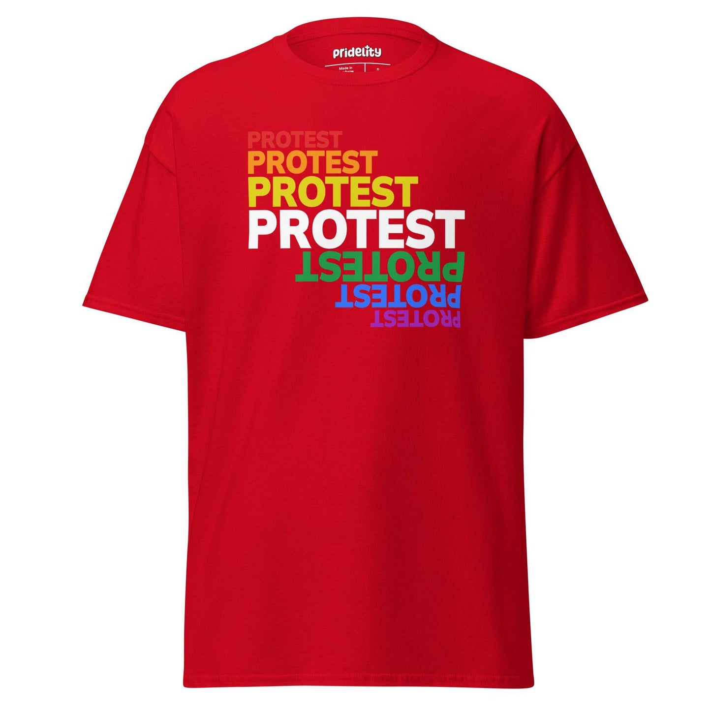 A black Protest T-Shirt from Pridelity features the word "PROTEST" printed in bold capital letters multiple times, each in a unique color, forming a vibrant rainbow pattern across the shirt.