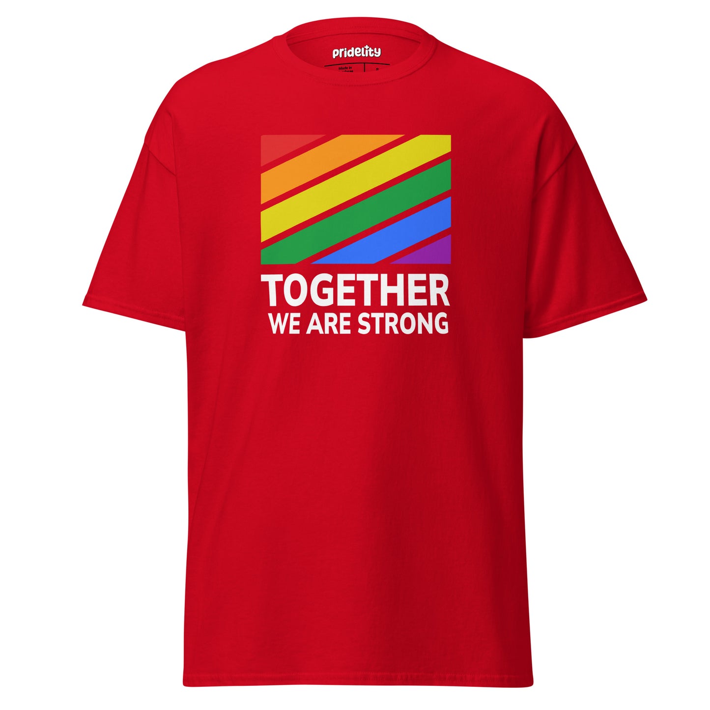 Red Together T-Shirt with vibrant rainbow stripes and 'Together We Are Strong' slogan, made from soft, durable cotton.