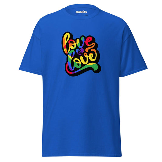 The Love Is Love T-Shirt by Pridelity is a royal blue shirt adorned with the vibrant, multicolored phrase "love is love" in a cursive style. The design shines with bold rainbow hues, and the inside collar proudly displays the Pridelity brand name.