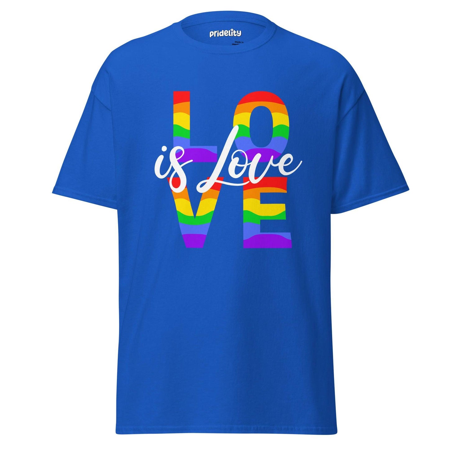 The Lovely T-Shirt from Pridelity showcases a pink T-shirt adorned with the phrase "LOVE is Love" on the front. The word "LOVE" is artfully filled with vibrant rainbow stripes, highlighting its strong message of inclusivity and support for the LGBTQ+ community.