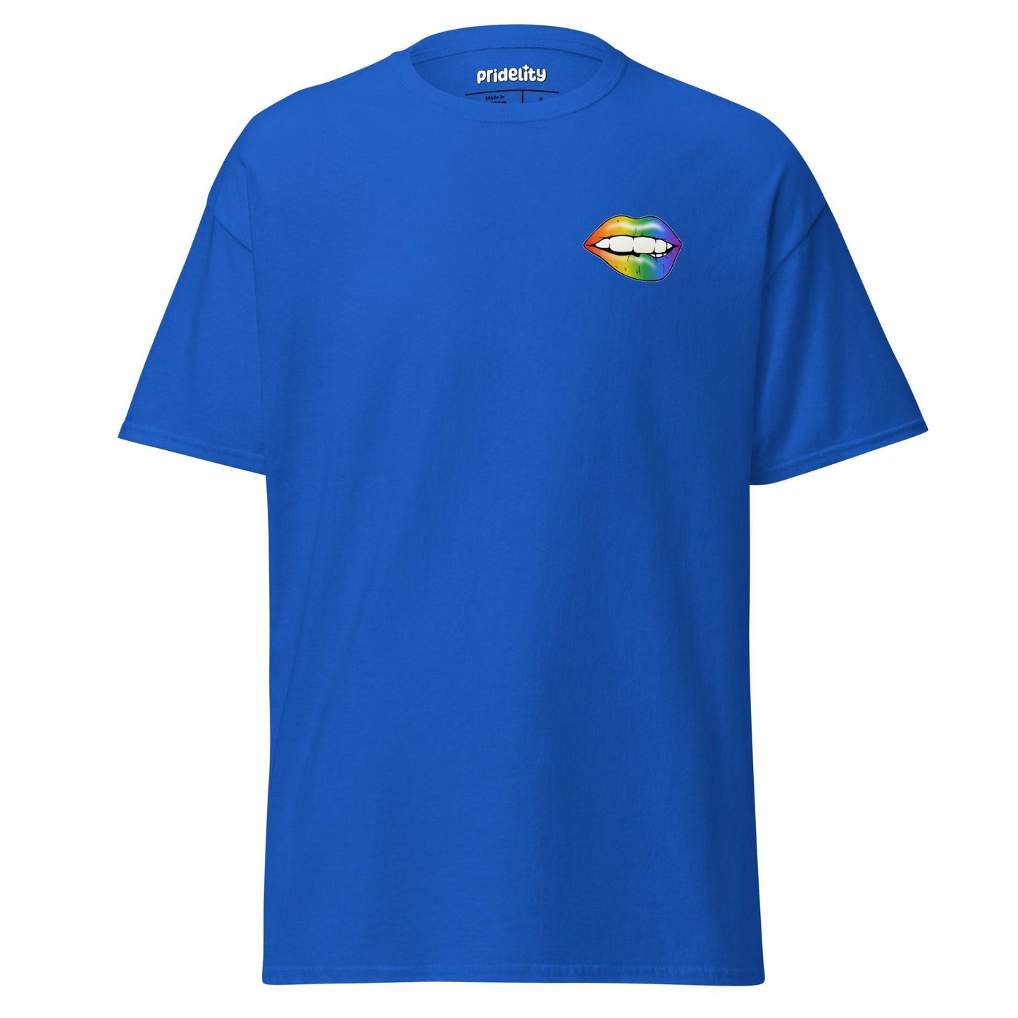 Introducing the Flirty Lips T-Shirt by Pridelity, featuring a vibrant rainbow gradient lips graphic elegantly placed on the upper left of a classic white shirt.