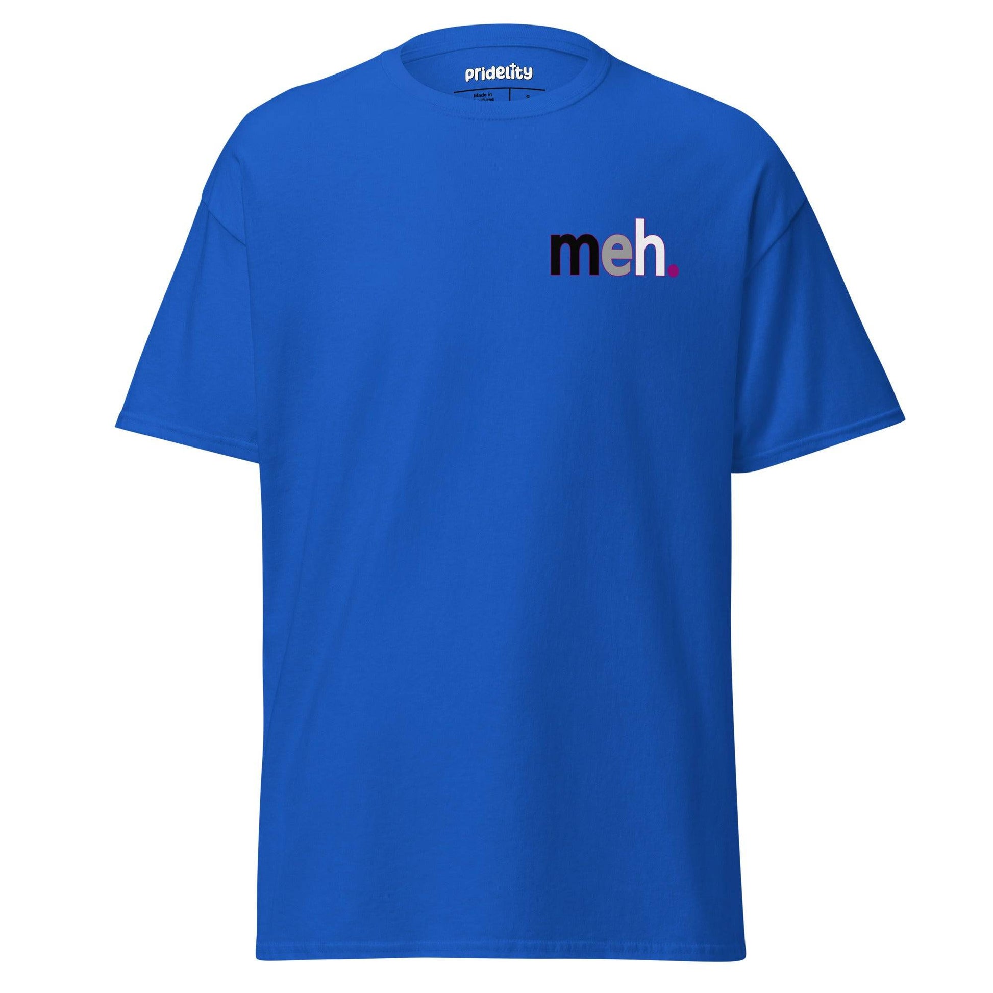 Pridelity's Meh. T-Shirt features the word "meh." printed on the front in black and purple letters, providing a subtle twist on a pride shirt.