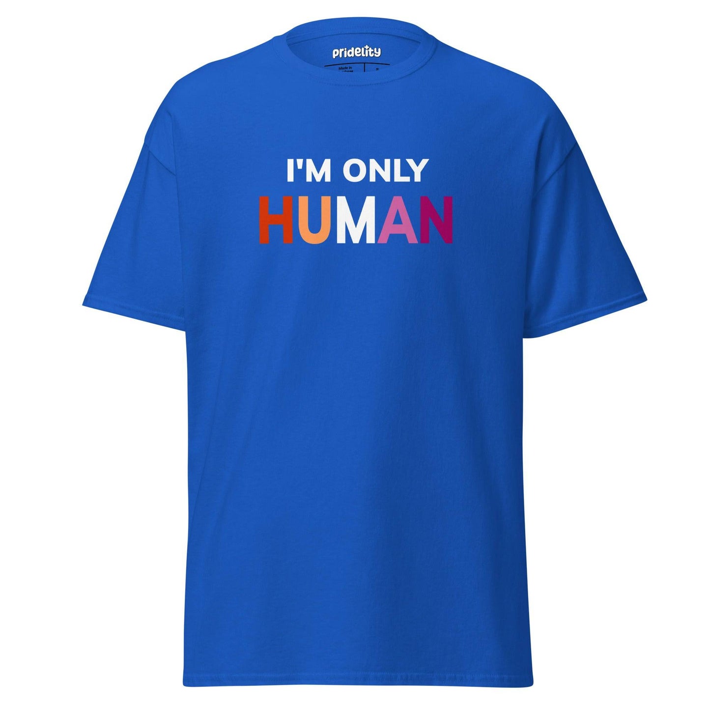 The maroon "I'm Only Human" T-shirt by Pridelity prominently features the text "I'M ONLY HUMAN" in white and lively hues of red, orange, and pink on the front.