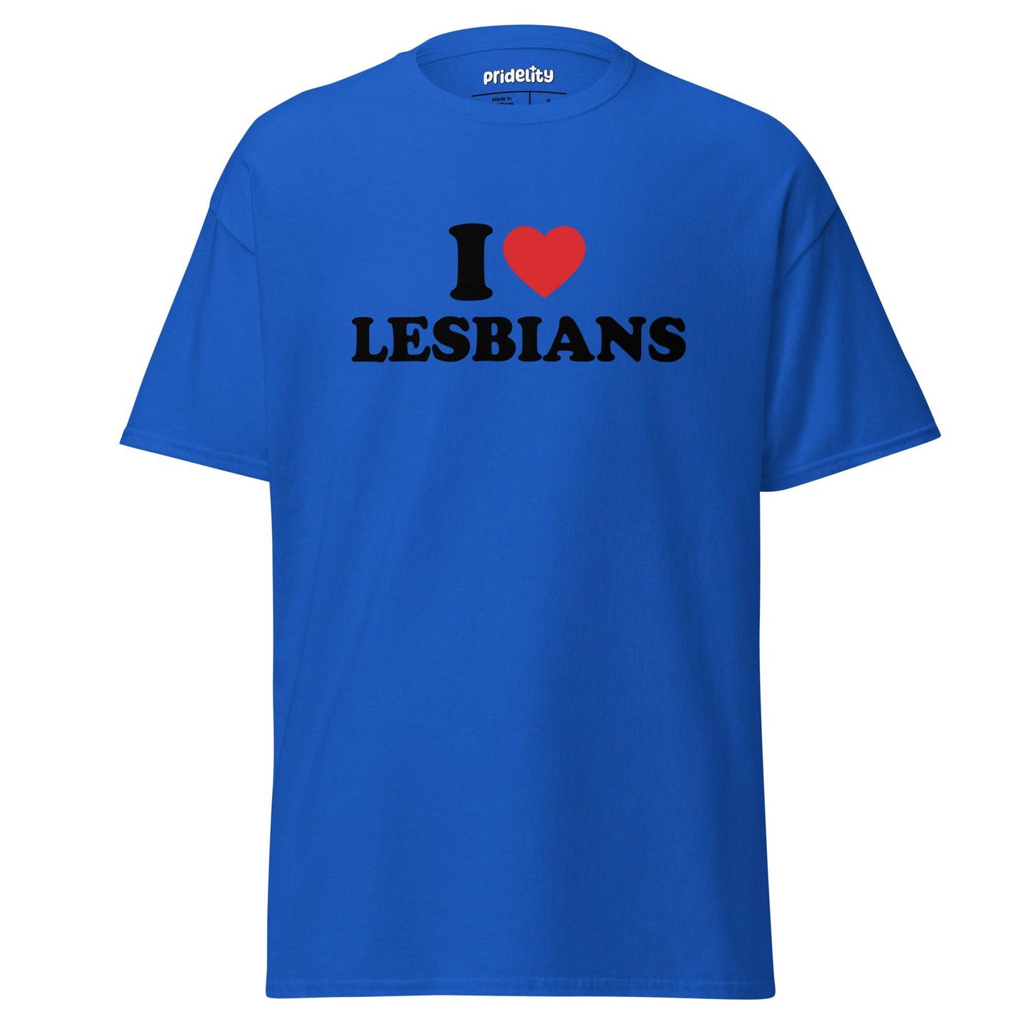 The "I Love Lesbians T-Shirt" by Pridelity is a pink pride shirt showcasing bold text saying "I ♥ LESBIANS" on the front, highlighted with a vibrant red heart symbol.