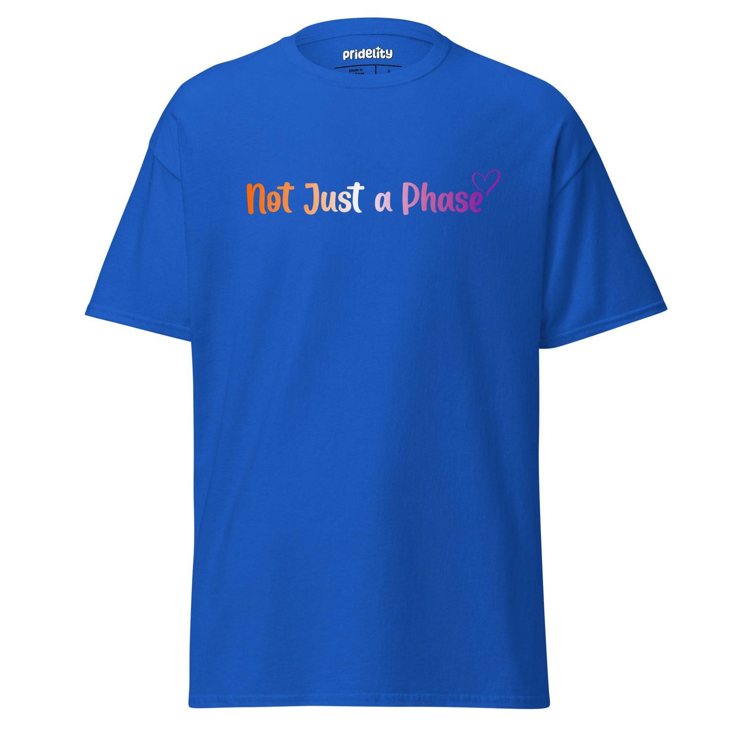 Introducing Pridelity's "Not Just A Phase" T-Shirt: This vibrant purple shirt showcases a bold statement with "Not Just a Phase" emblazoned in striking orange and white letters, finishing with an adorable purple heart accent.