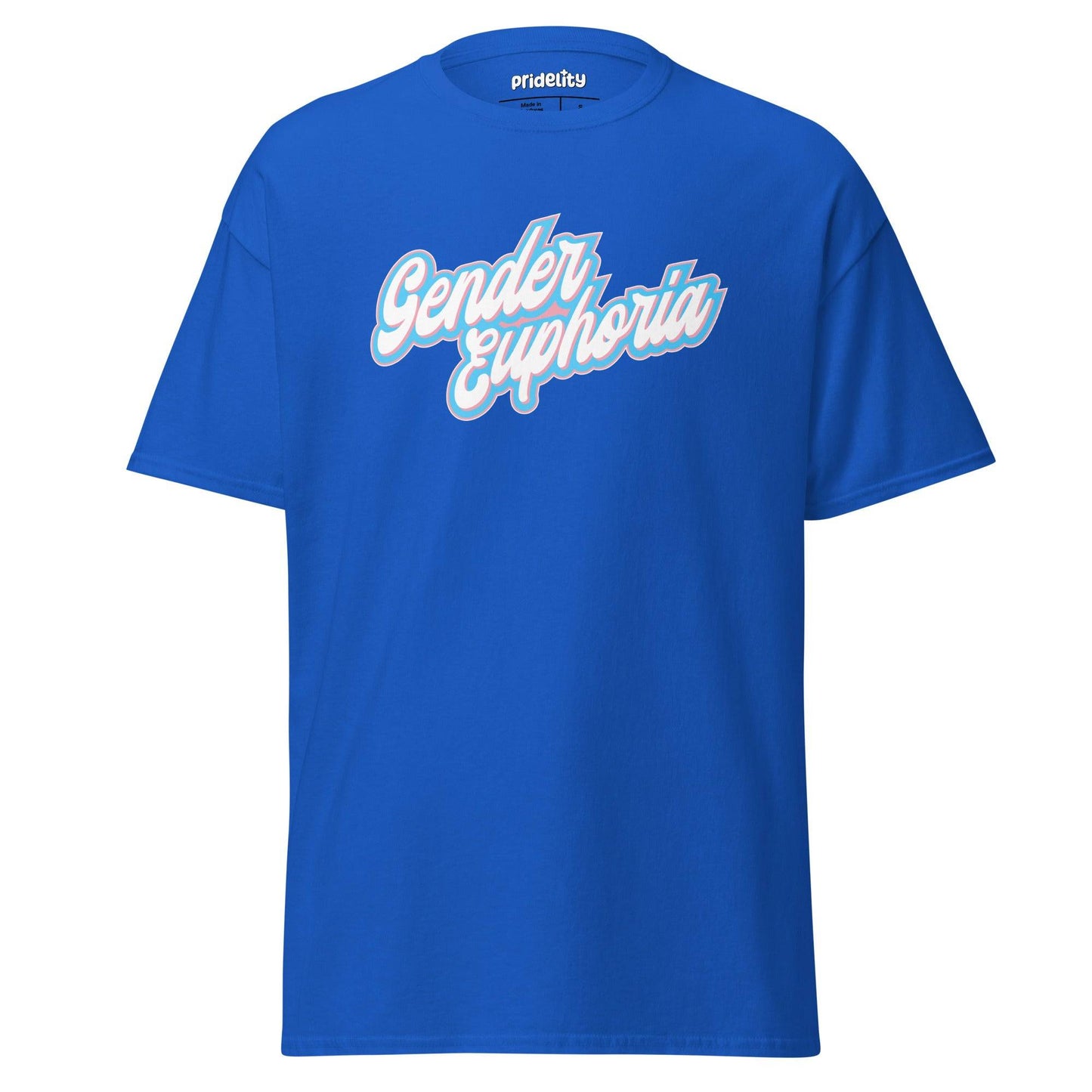 Light blue Pridelity T-shirt from our exclusive pride collection, featuring "Gender Euphoria" boldly printed in white and pink script across the front.