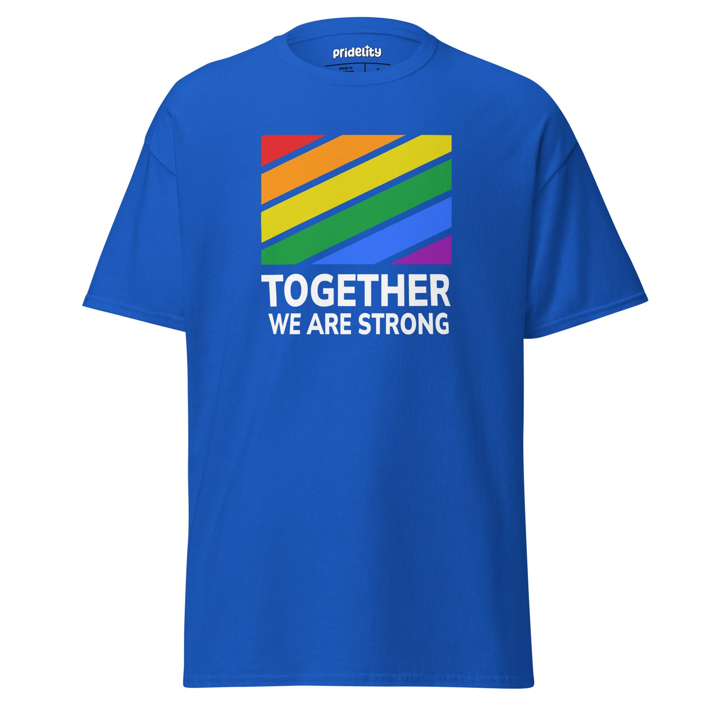 Blue Together T-Shirt featuring bold rainbow stripes and 'Together We Are Strong' message, crafted from breathable cotton fabric.