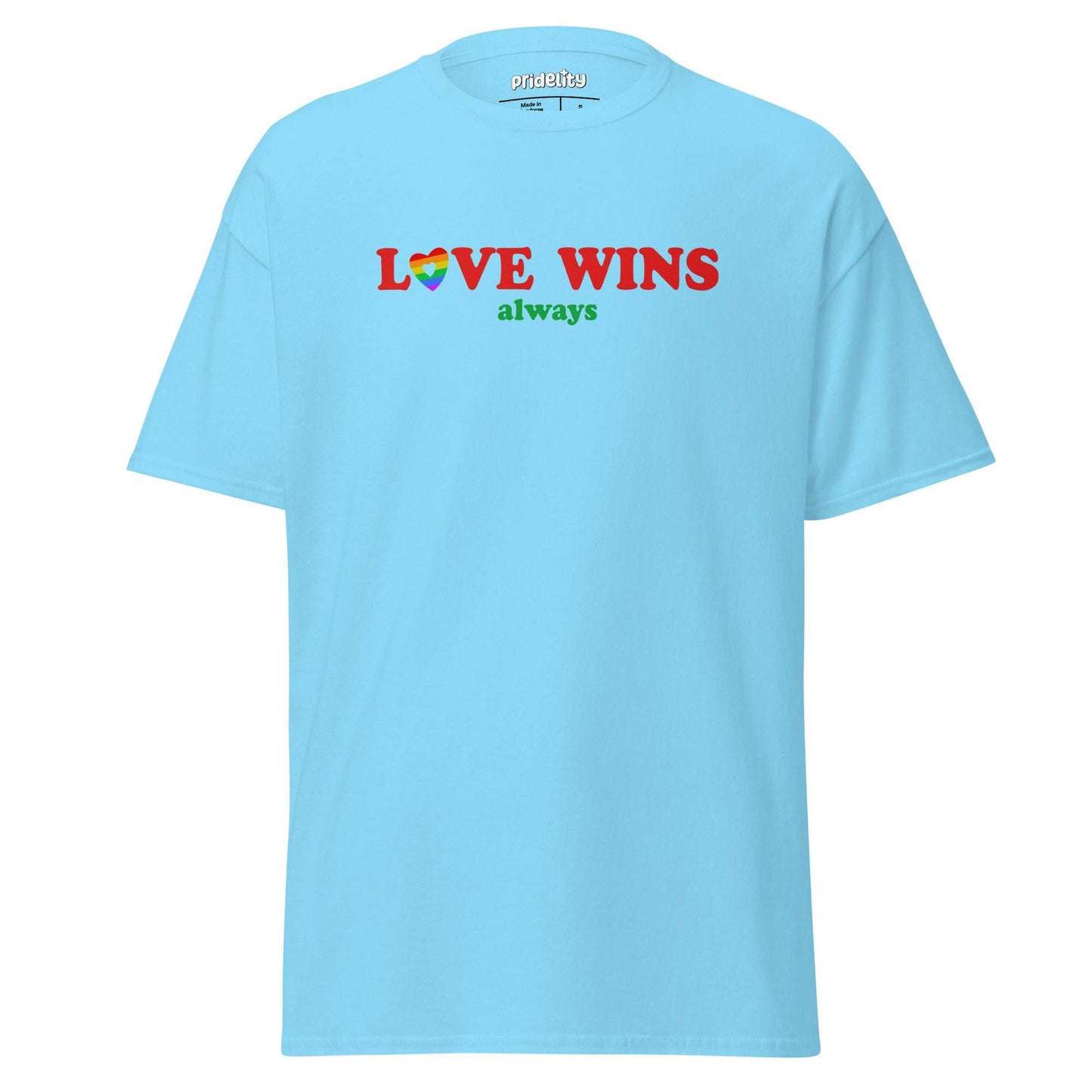 Introducing the Pridelity "Love Wins, Always" T-Shirt in beige, showcasing the phrase "LOVE WINS always" on the front. The design features the word "LOVE" emphasized in red, with a heart in rainbow colors replacing the letter "O.