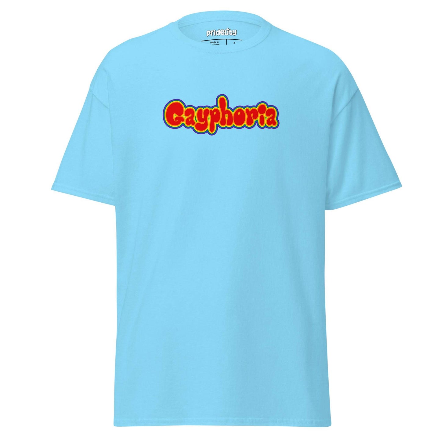 Introducing our Gayphoria T-Shirt from Pridelity, featuring "Gayphoria" in vibrant, bold letters on a red canvas, as part of our exclusive pride collections.