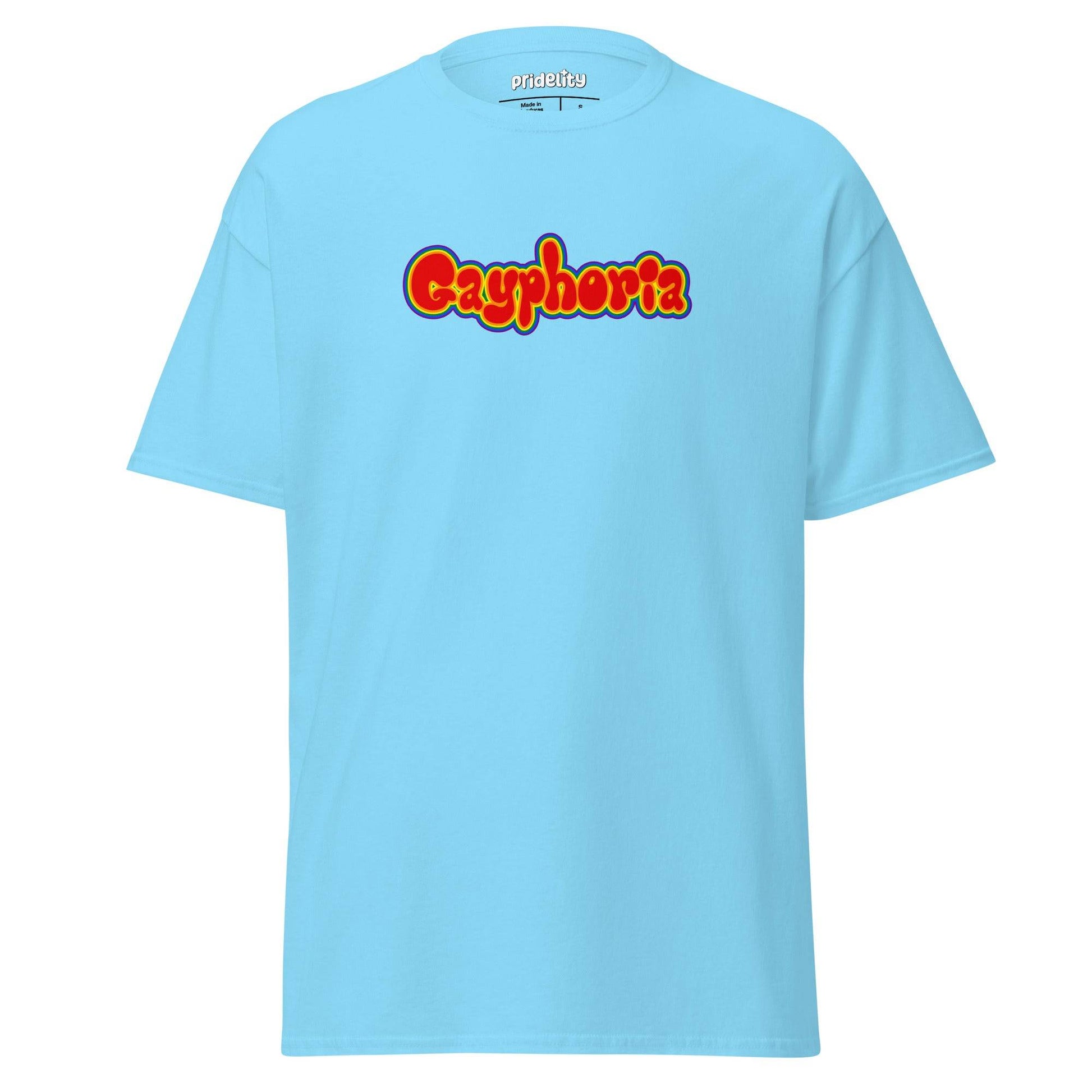 Introducing our Gayphoria T-Shirt from Pridelity, featuring "Gayphoria" in vibrant, bold letters on a red canvas, as part of our exclusive pride collections.