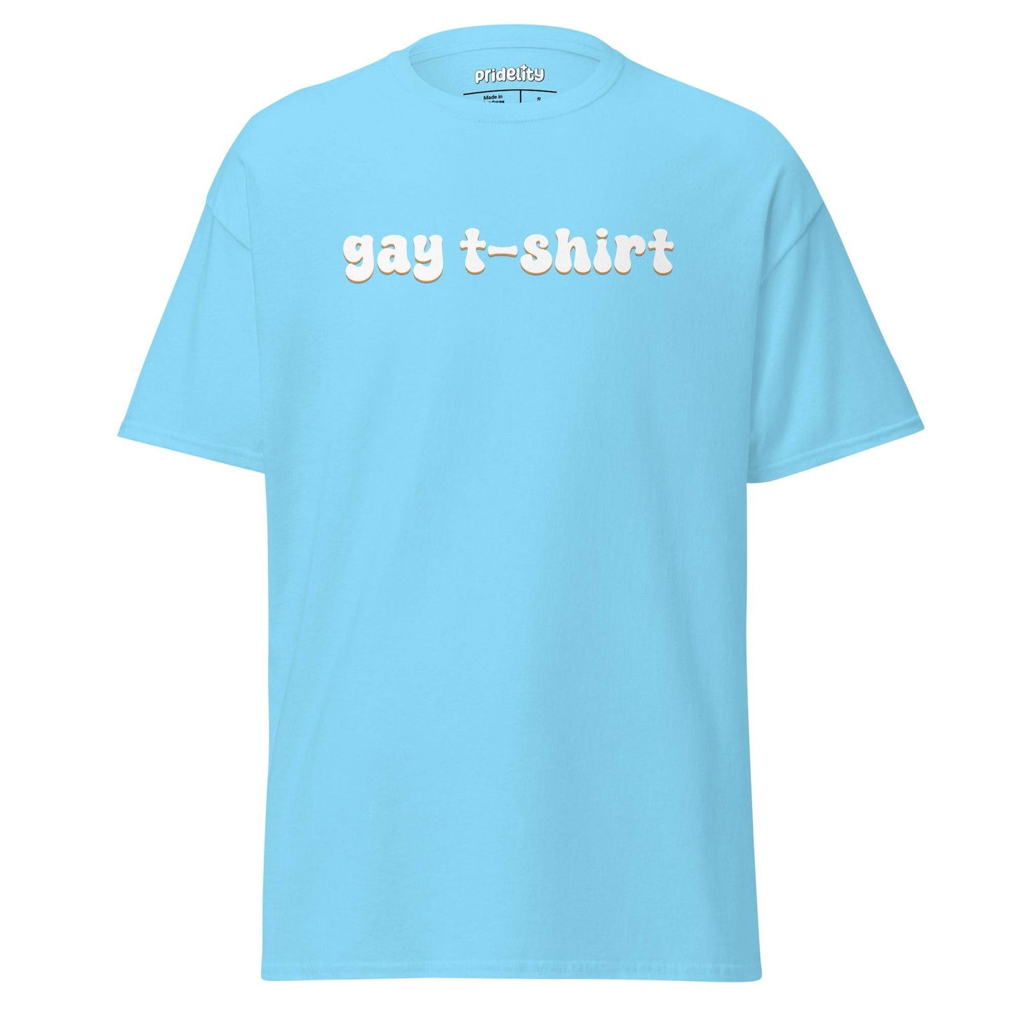A pink T-shirt from Pridelity's Gay T-Shirt collection, adorned with the phrase "gay t-shirt" in bold, playful white letters across the front.