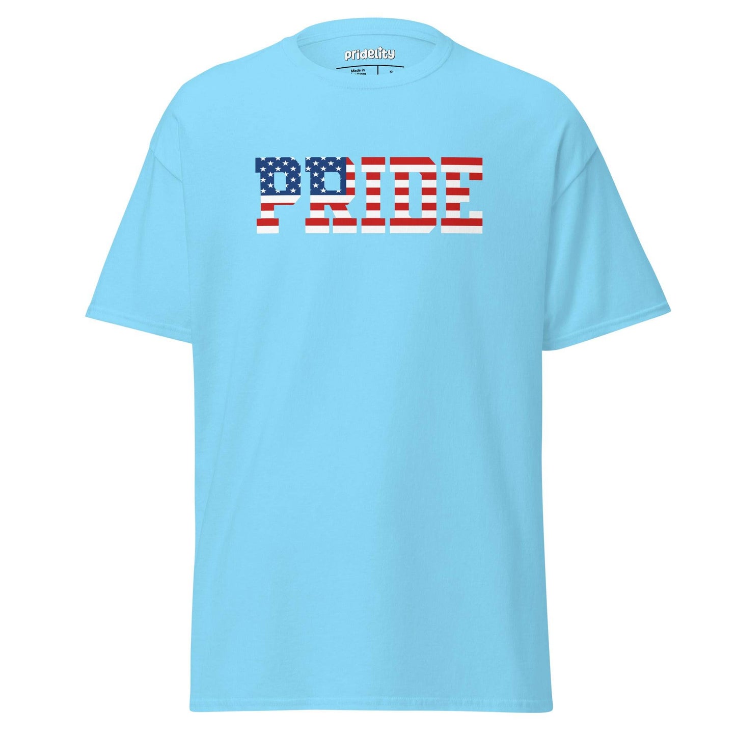 Introducing the American Pride T-Shirt from Pridelity's Pride Collections. This stylish black tee prominently features "PRIDE" in bold letters with an American flag pattern. The design celebrates diversity through stars and stripes in vibrant red, white, and blue—ideal for anyone looking to proudly express their pride with fashionable merch.