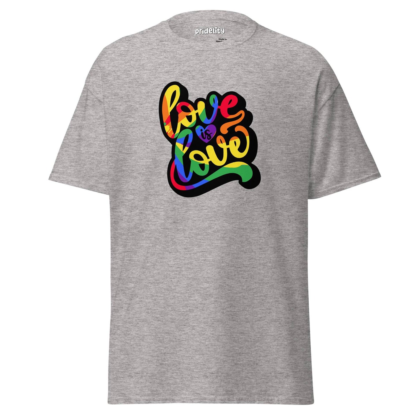 The Love Is Love T-Shirt by Pridelity is a royal blue shirt adorned with the vibrant, multicolored phrase "love is love" in a cursive style. The design shines with bold rainbow hues, and the inside collar proudly displays the Pridelity brand name.