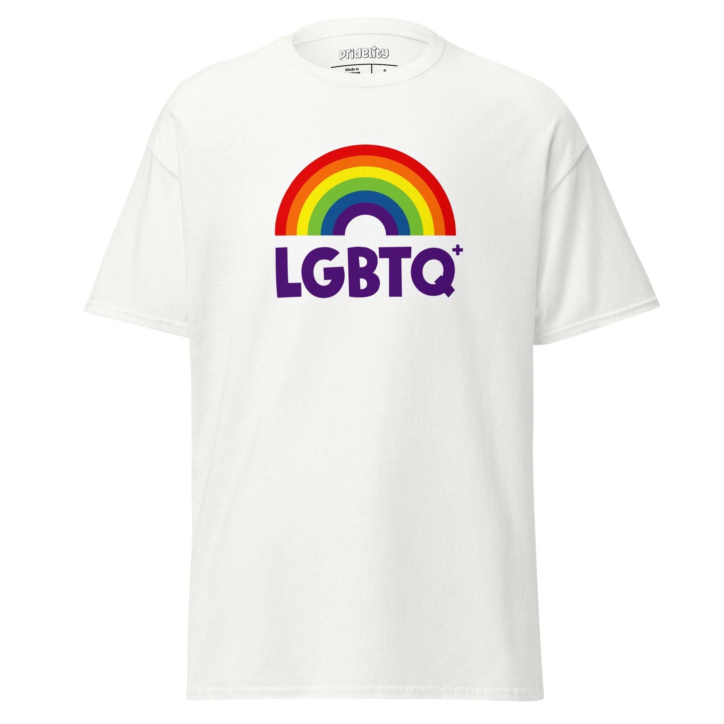 Introducing the Pridelity LGBTQ+ Rainbow T-Shirt: a black shirt adorned with a vibrant rainbow arching over bold, colorful "LGBTQ+" lettering.