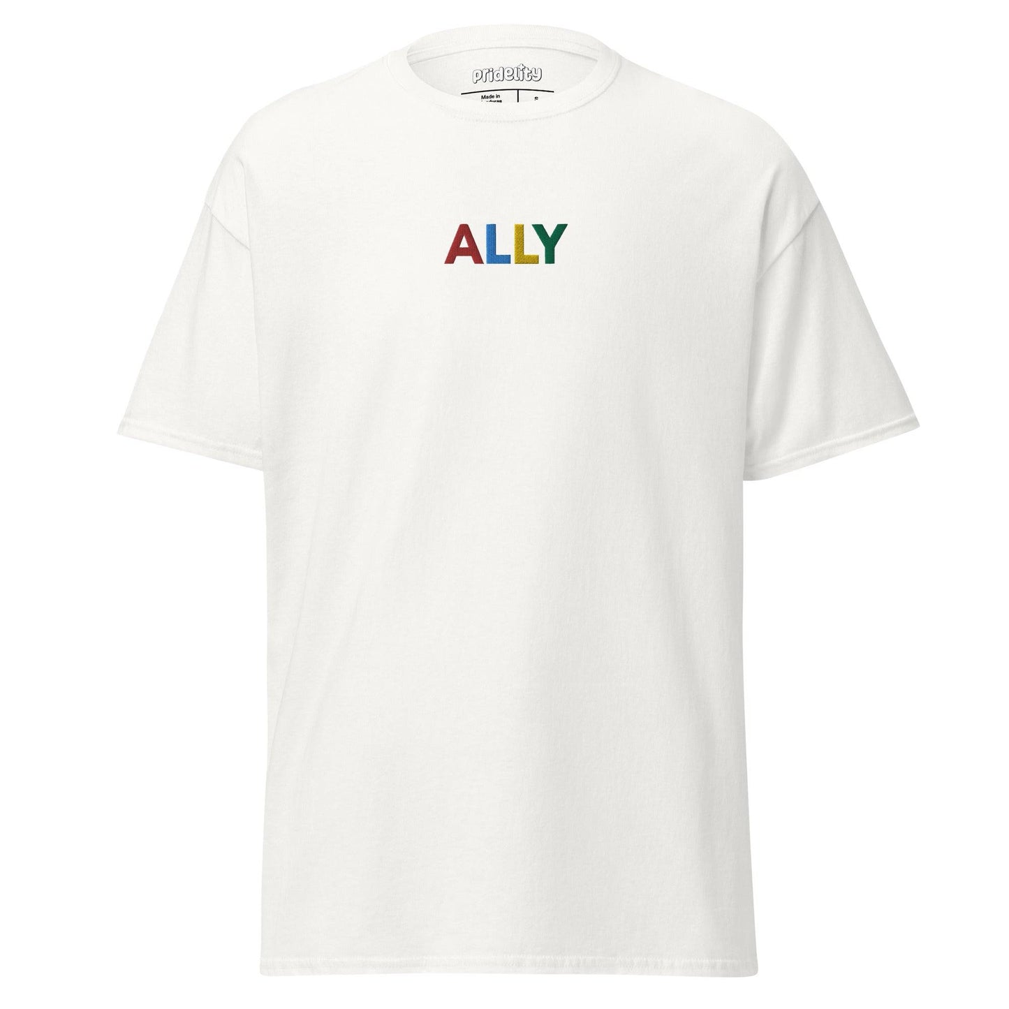 Pridelity's Ally T-Shirt features the word "ALLY" printed on the front in vibrant rainbow colors, celebrating Pride and inclusivity.