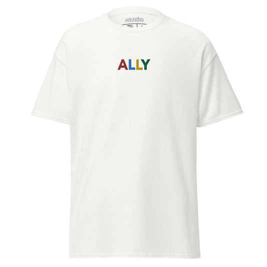 Pridelity's Ally T-Shirt features the word "ALLY" printed on the front in vibrant rainbow colors, celebrating Pride and inclusivity.