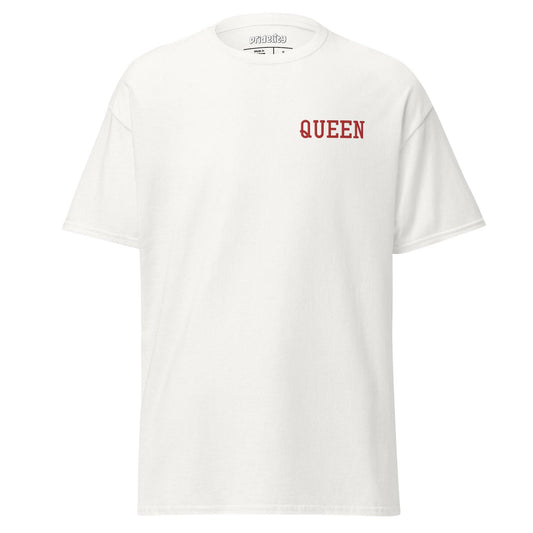 The Pridelity Queen T-Shirt adds a vibrant flair to its simple white design with the word "QUEEN" prominently displayed in bold red uppercase letters on the upper left chest.